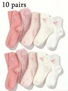 5/10 Pairs Women's Bow Plush Mid-Calf Socks, Sweet Warm Comfort Soft Sleep Socks, Soft Comfy Socks, Perfect for Fall Winter Daily Outdoors Home Travel