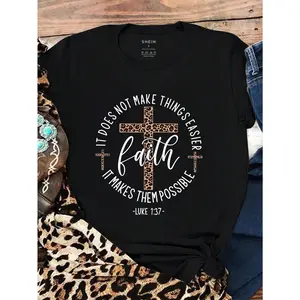 INAWLY Women's Cross & Slogan Printed T-Shirt IT DOES NOT MAKE THINGS EASIER IT MAKES THEM POSSIBLE Faith LUKE 137 Graphic Tees Women Tops