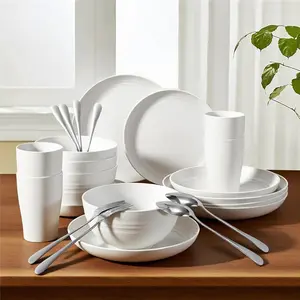 24 Pcs Dinnerware Set- Dinner Plates Set- Picnic & Camping- Unbreakable & Reusable- Includes 4 x 9in, 4 x 8in Plates, 4 x 6in Bowls, 4 Cups, 4 Stainless Steel Forks and Spoons- Kitchen, Dorm, Office
