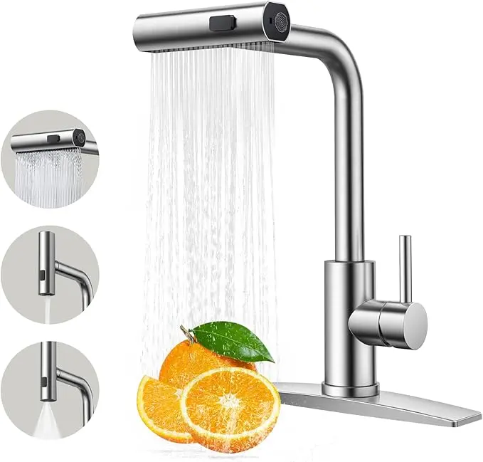 SummerVibes FORIOUS Waterfall Kitchen Faucet with Pull Down Sprayer Stainless Steel Kitchen Faucets with 3 Modes 90° Rotating to Switch Mode SUS304 Sink Faucet homeessentials