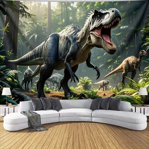 1 Piece Giant Dinosaur Primeval Forest Tapestry - Premium Polyester Terry Cloth, Vibrant Prehistoric Jungle Art Featuring Tyrannosaurus and Velociraptor, Horizontal Wall Hanging for Living Room, Bedroom, Office, Hotel Decoration - Includes Free Hanging Cl