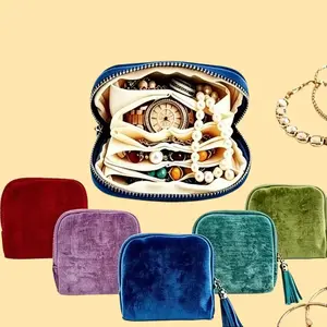 Modern Rectangle Aesthetic Velvet Travel Jewelry Case - 6-Layer Anti-Tangle Organizer Pouch with Tassel Zipper - Cute Mini Storage for Rings, Necklaces - TikTok Travel Must-Have, Gift for Her Fashion Classic