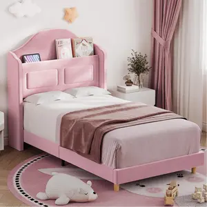 Pink Twin Bed Frame for Kids, Upholstered Velvet Princess Platform Bed for Boys/Girls with Wingback, Bookcase Headboard & LED Lights, No Box Spring Needed, Noise-Free, Easy Assembly