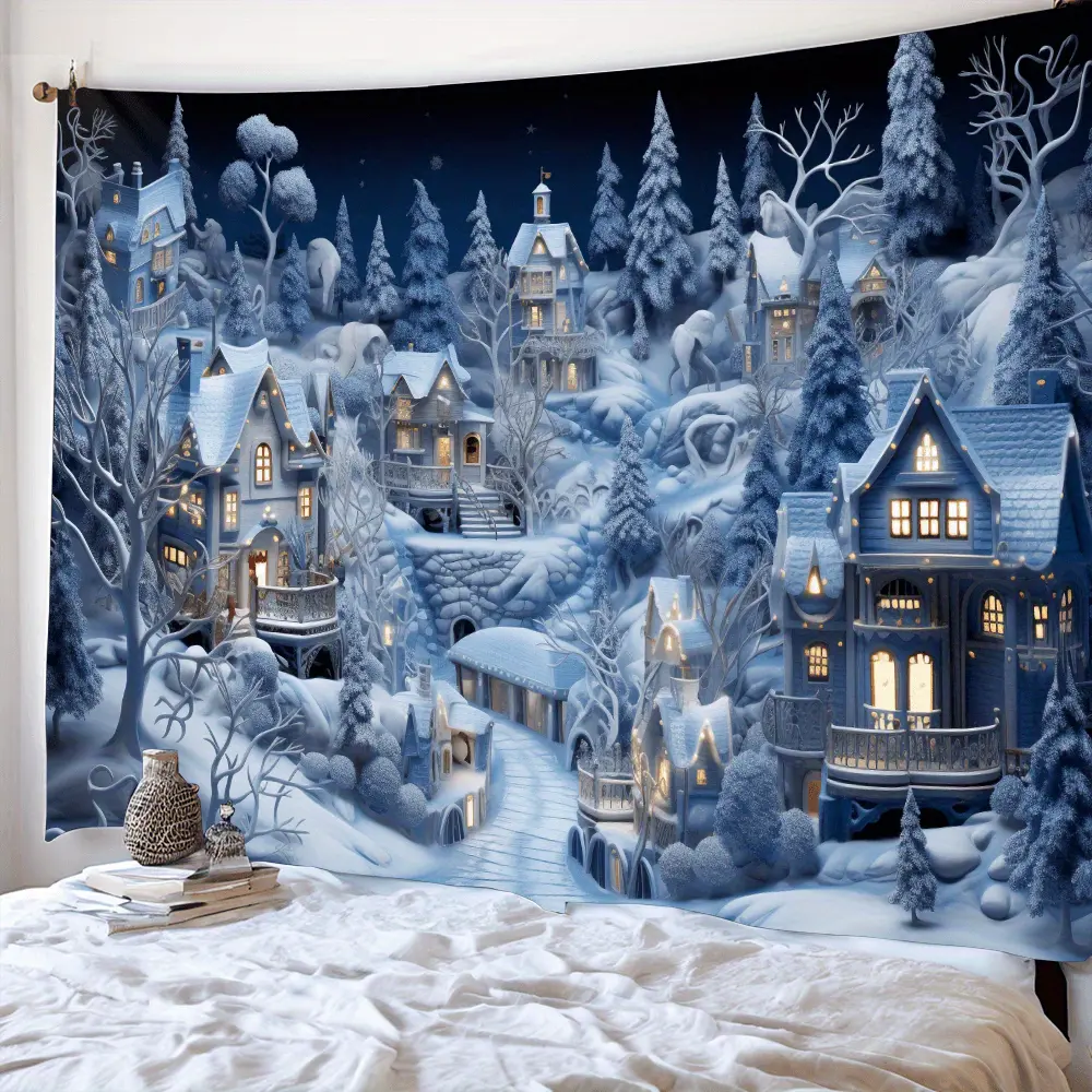 3D Winter Wonderland Christmas Town Polyester Tapestry Wall Mural - Holiday Party Backdrop, Wall Hanging Decor for Living Room, Bedroom