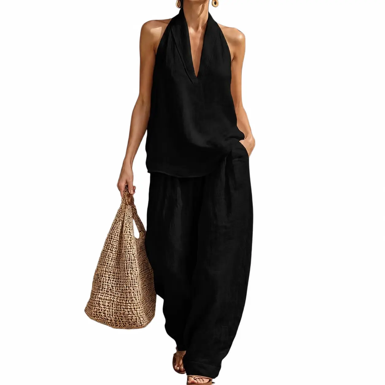 Women's 2-Piece Halter Tank Top & Wide-Leg Pants Set - Sleeveless, V-Neck, Loose, Lightweight, Solid, Comfortable Asymmetrical Outfit for Beach, Evening Casual Wear, Elegant