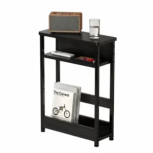 Garvee Narrow 3-Tier Table with Wooden Shelves and Metal Frame, Ideal for Small Spaces, Bedroom, Living Room, or Sofa Use, Available in Black and Brown