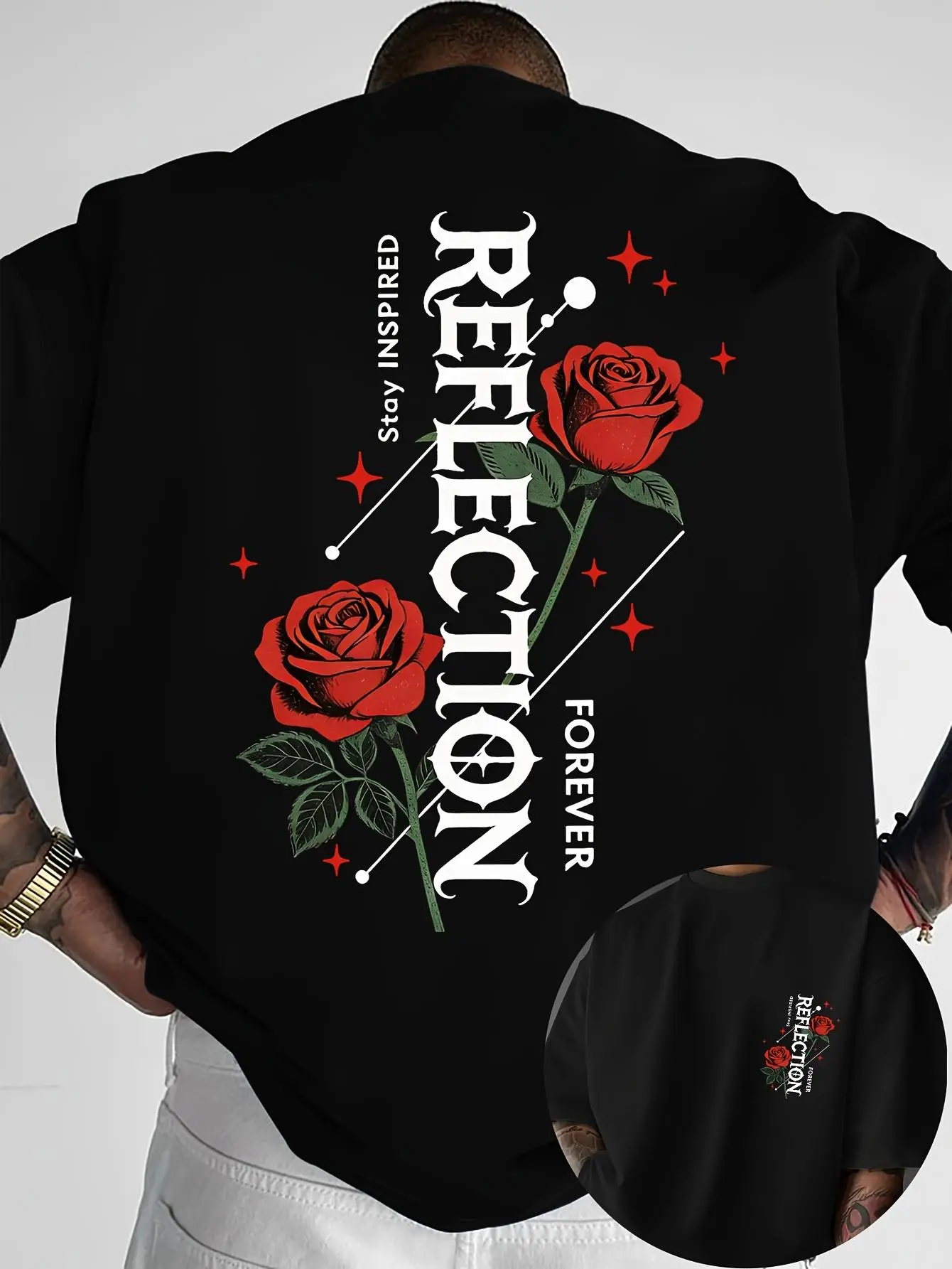 Men's Dark Romantic Style T-Shirt Rose Print and Textual Decorative Elements for Dark Fashion / Eye-Catching Romantic Streetwear