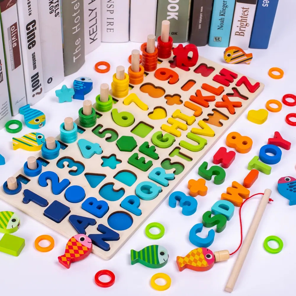 Multifunctional Wooden Logarithm Board Kids Early Education Shape Recognition Puzzle Number Building Blocks Fishing Toy Math Learning Tools