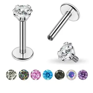 18g F136 Titanium Alloy Four-Prong Round Zircon Internal Thread CZ Stud Piercing Jewelry For Tragus/Nose/Helix/Conch/Medusa/Lip/Labret - Helix Tragus Cartilage Earring For Women Men