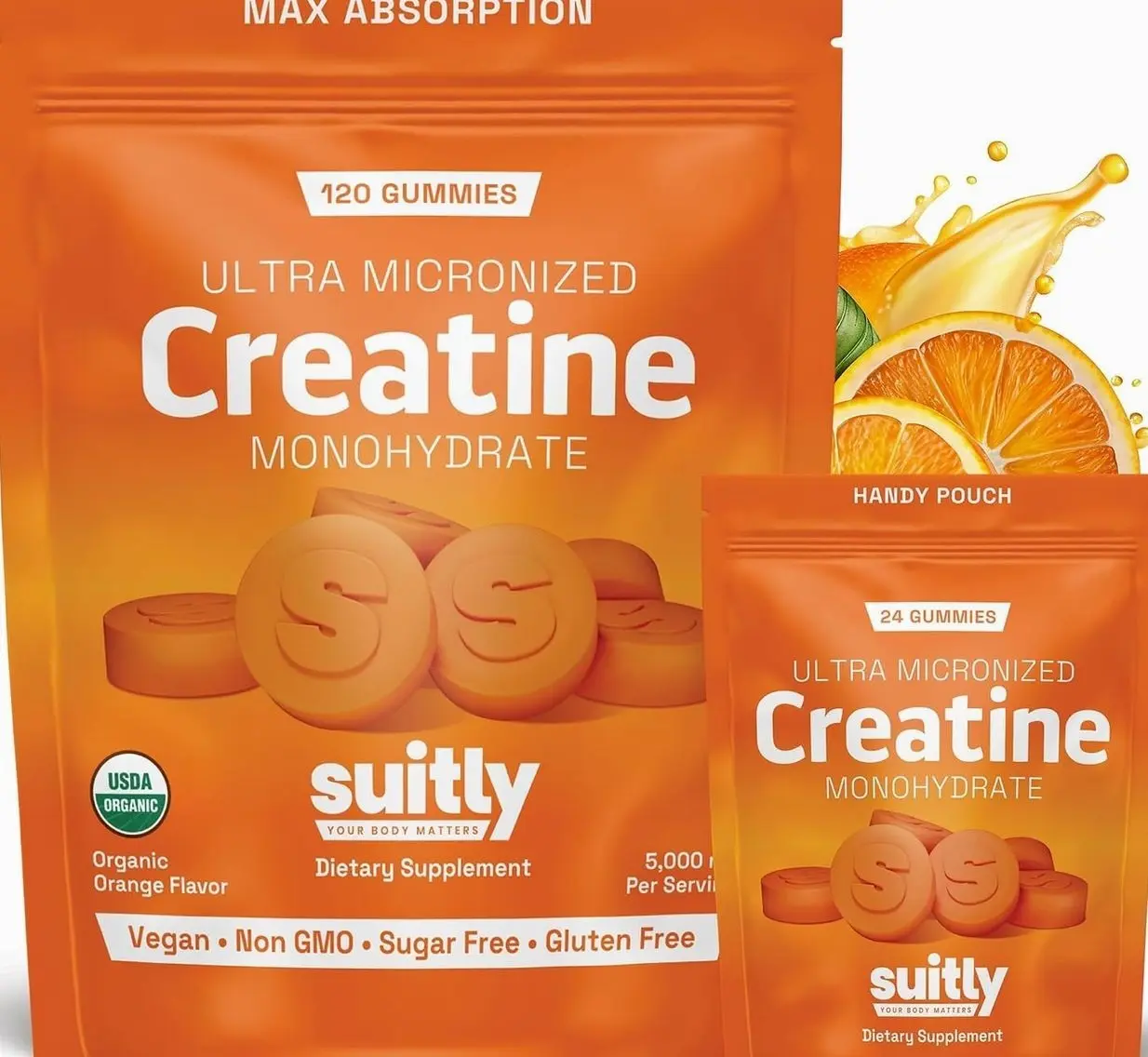 USDA Organic Ultra-Micronized Creatine Gummies for Men & Women; Orange Max Absorption 5g Creatine Gummies Sugar Free for Muscle Gain, Energy & Recovery; Muscle Builder for Women with Pouch - 120 Count