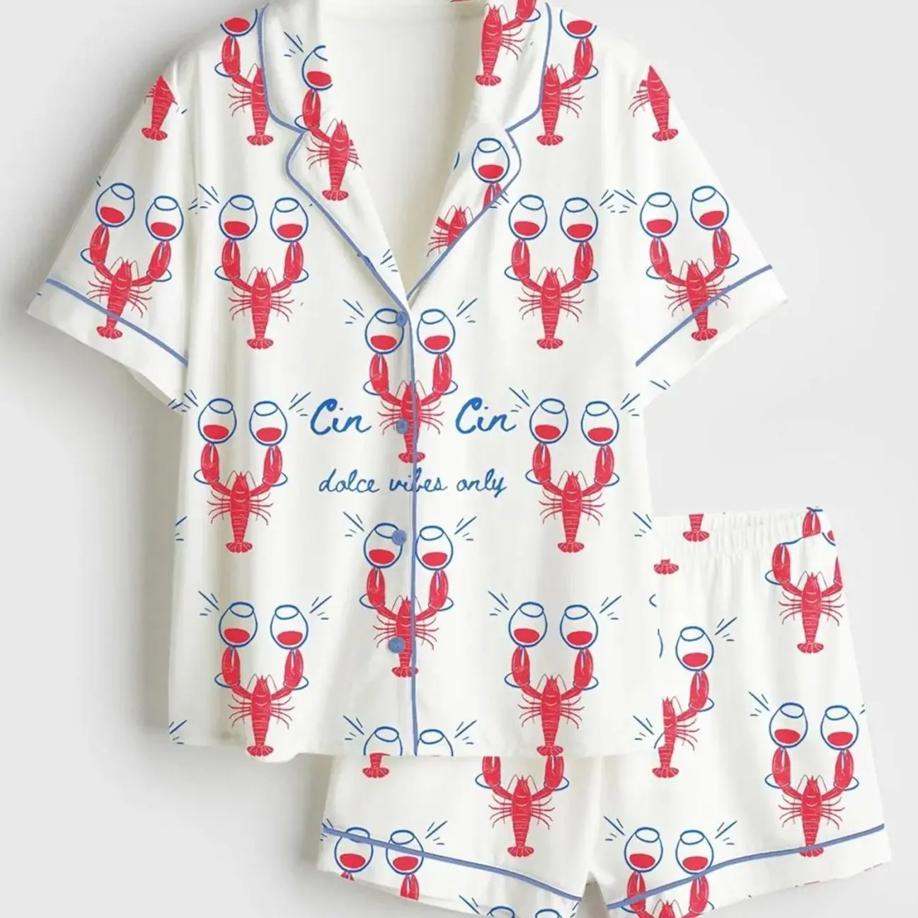 Italian Dolce Vibes Lobster Satin PJs, Cute Euro Summer Wine Loungewear, Coastal Girl Travel Gift, Silky Short Sleeve Pajama Set