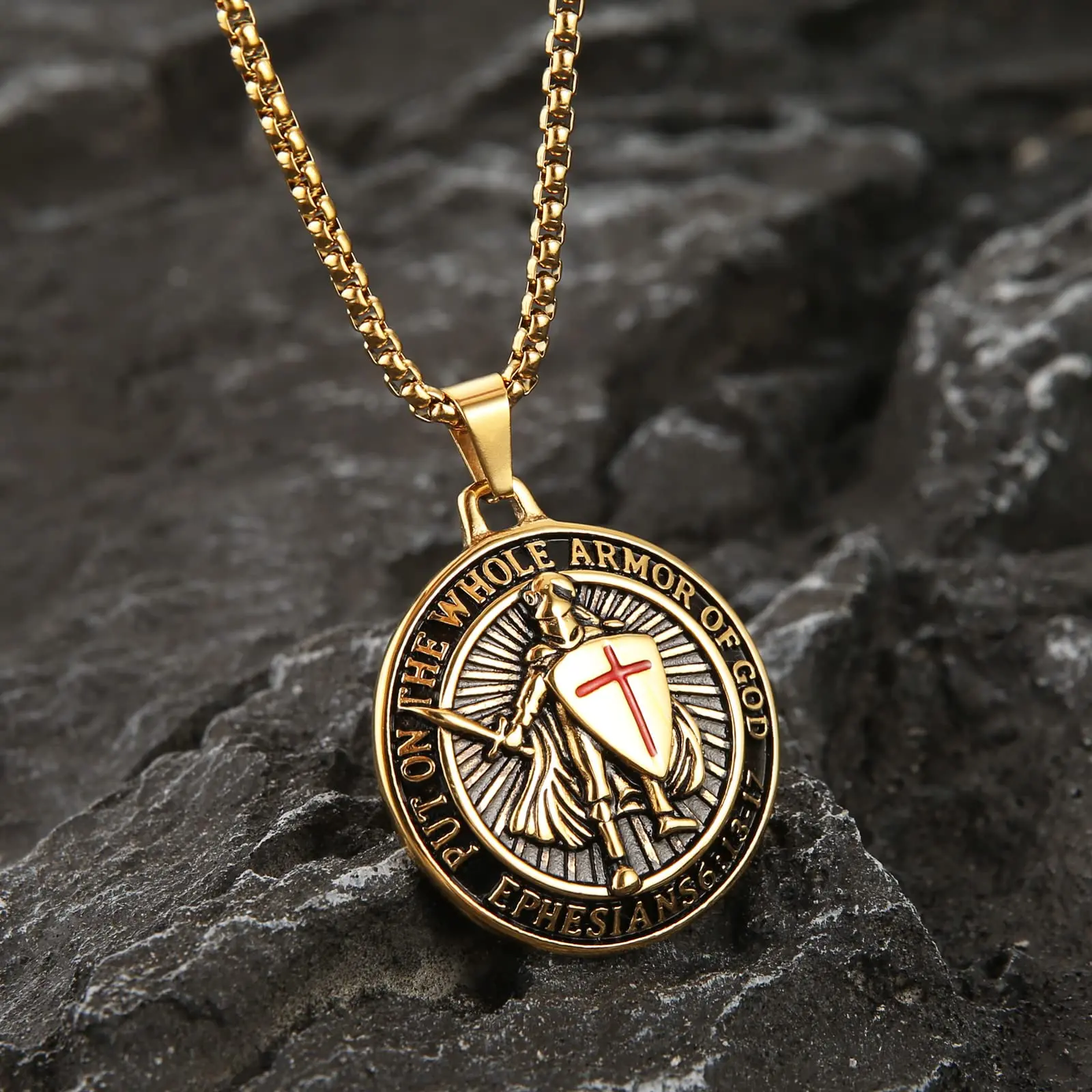 Armor of God Cross Pendant Necklace, Shield of Faith, Ephesians 6:16-17, Religious Amulet, Knights Templar Crusader, Stainless Steel