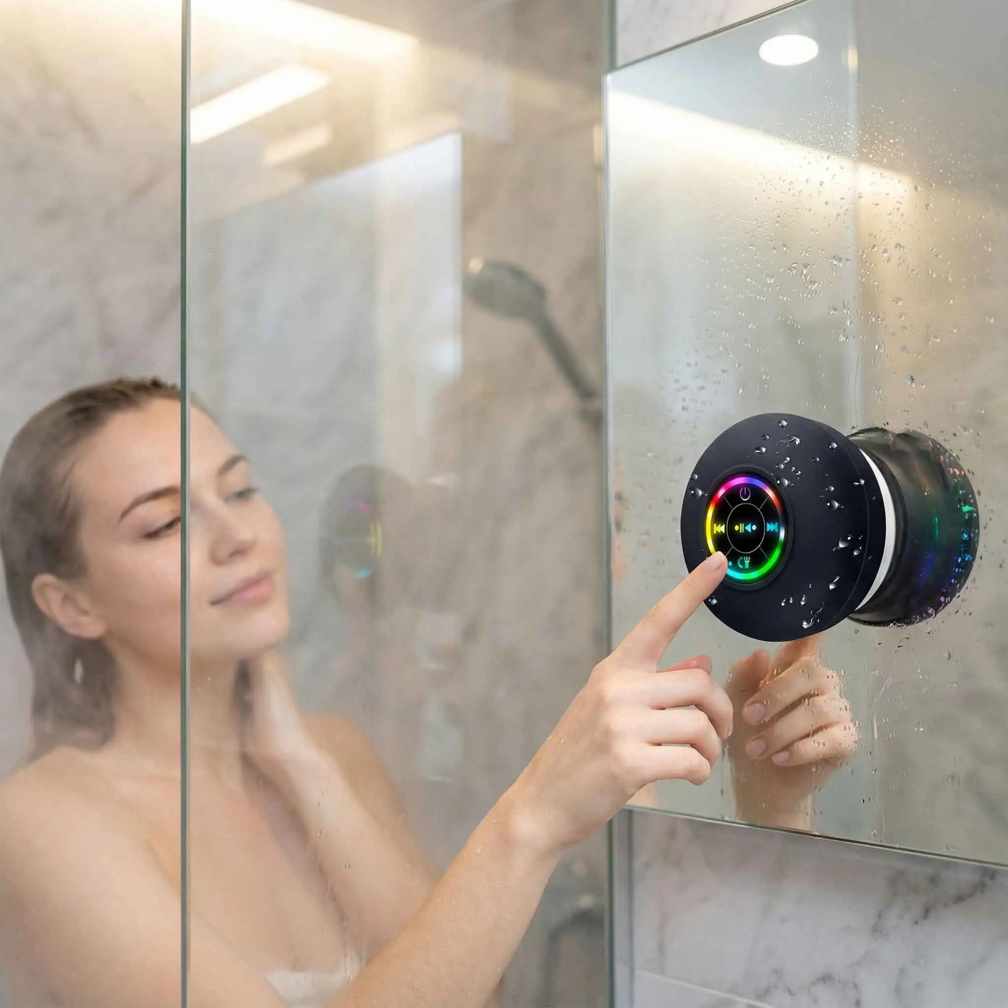 Black Matte Bluetooth Portable Wireless Speaker with Waterproof Suction Cup, Hands-Free Calling and Colorful Running Lights, 600mAh Battery (3–4H Playtime)
