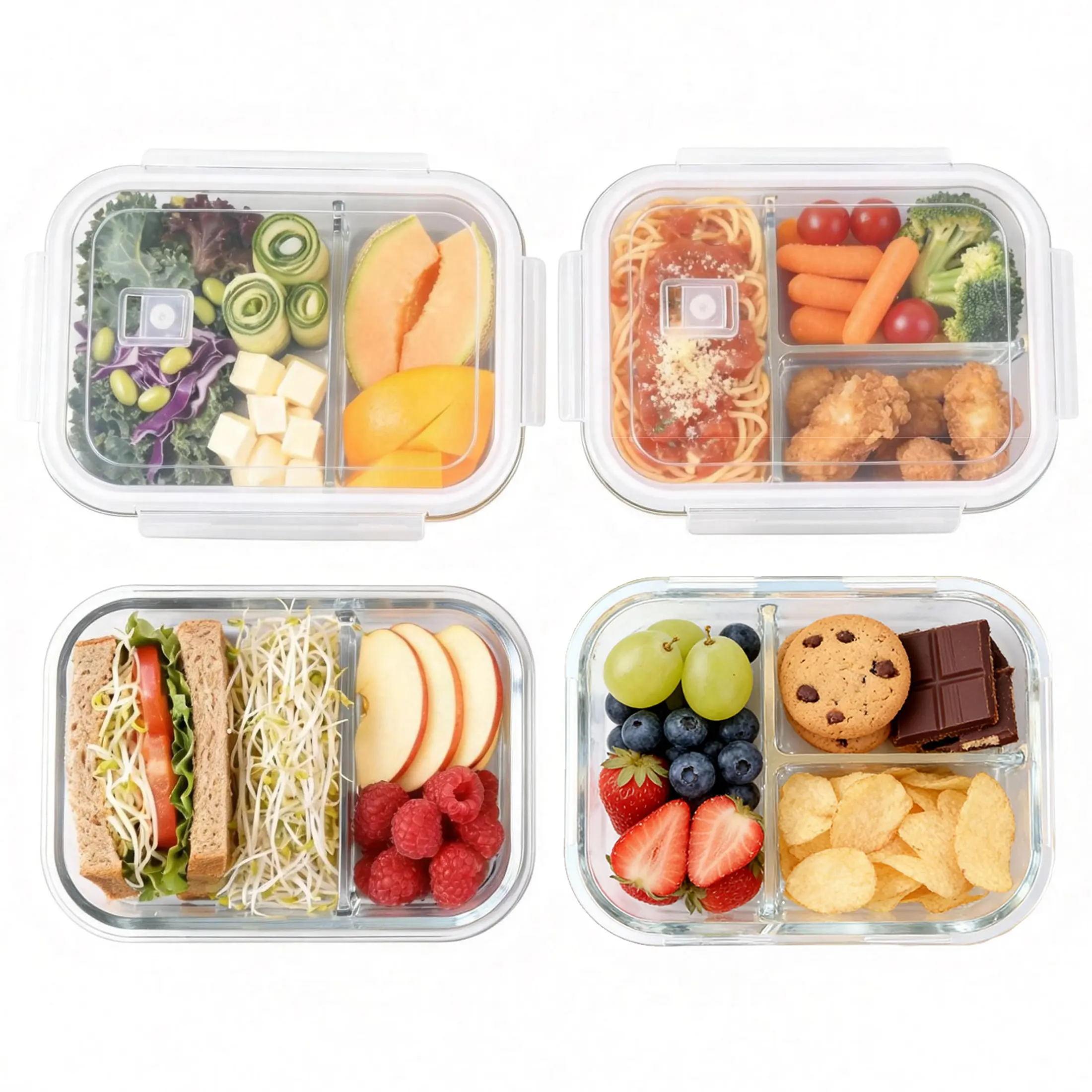 4 Pack Rectangular Thermal Bento Box-Shaped Glass Food Storage Containers with Dividers, 8-Piece Leak-Proof Airtight Meal Prep Containers with Lids, Microwave-Reheat Oven-Ready Dishwasher & Freezer Safe Kitchen Vegetable Organizer Set