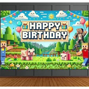 Pixel Backdrop Happy Birthday Banner Boy 5x3ft Miner Bday Sign Villager Gaming Birthday Party Decorations Videogame Themed Banner Video  Decorations Video  Backdrop for Boys