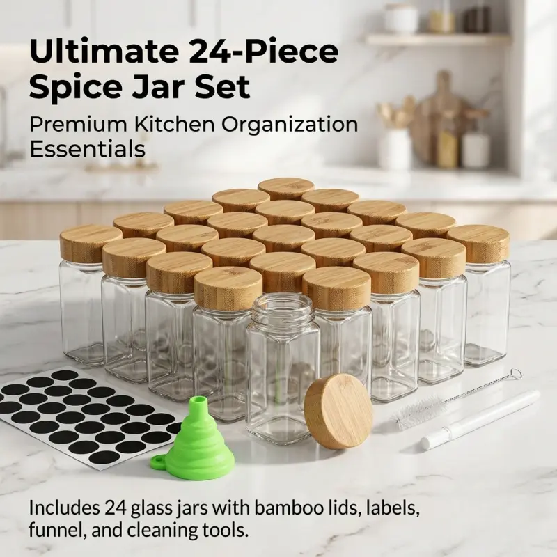 6/24-Piece Glass Spice Jars with Bamboo Lids. Comes with labels, funnels and cleaning tools, perfect for storing spices and seasonings in the kitchen, Empty Seasoning Jars, Spices Containers, Spice Storage Container