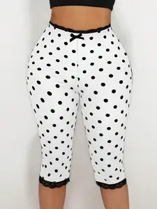 Women's White Lace Trim Bow Polka Dot Print Capri Leggings - Casual Geometric Pattern for Spring Fall Wear