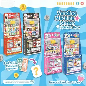 Full Set 4 Themes Vending Machine Puffy Bubble Stickers Collection, Makeup+Snack+Drink+Instant Noodle Complete Sticker Box with Simulation Money & Coins, Kids Pretend Vending Game Educational Toy, Kawaii Stationery DIY Craft Gift for Girls