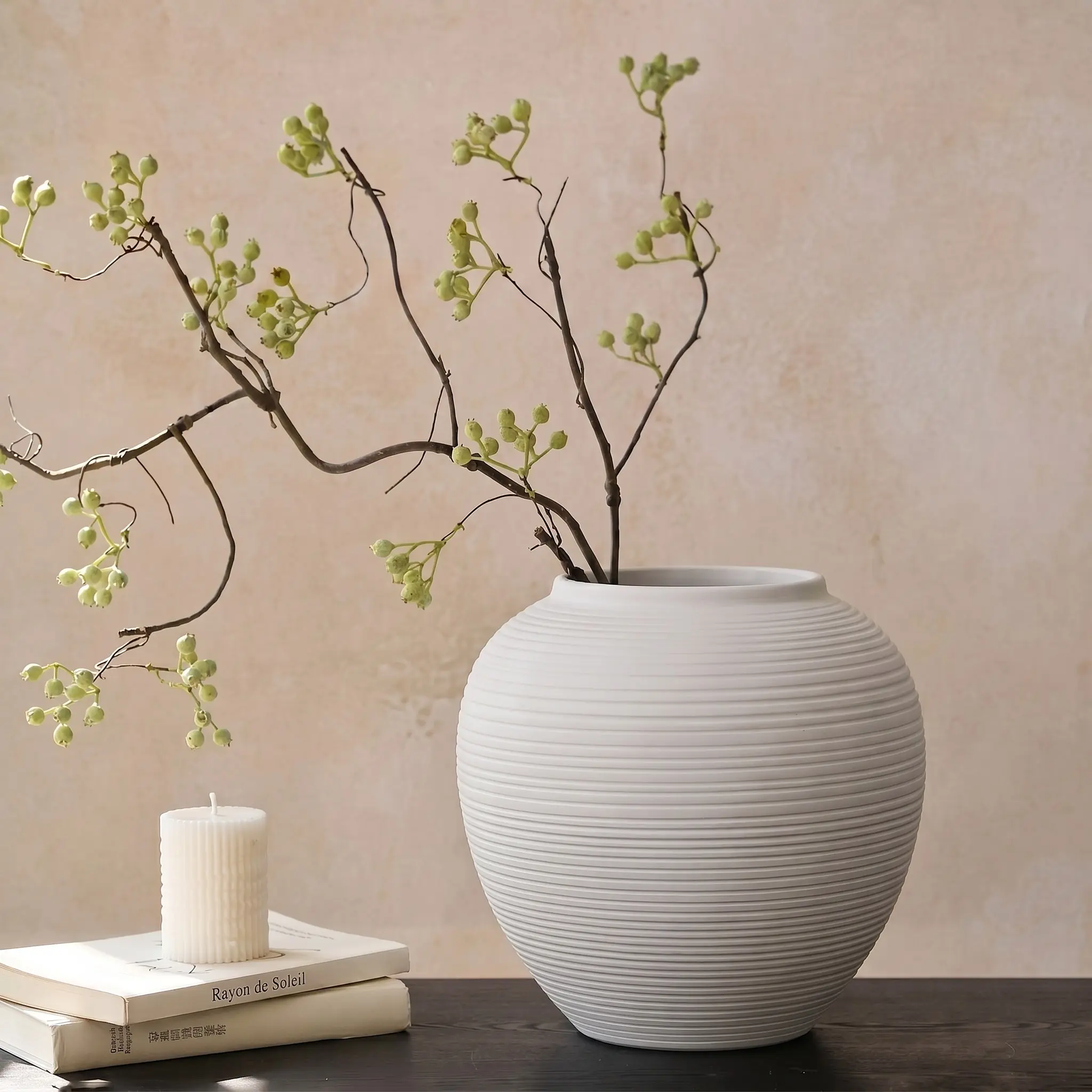 Minimalist Matte Ceramic Vase, Round Ball Shape Horizontal Texture, Home Decor Dried Flower Vase, Living Room Shelf and Dining Table Decoration, Decorative Vase, Ceramic Vases For Home Decor