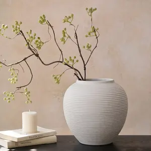 Minimalist Matte Ceramic Vase, Round Ball Shape Horizontal Texture, Home Decor Dried Flower Vase, Living Room Shelf and Dining Table Decoration
