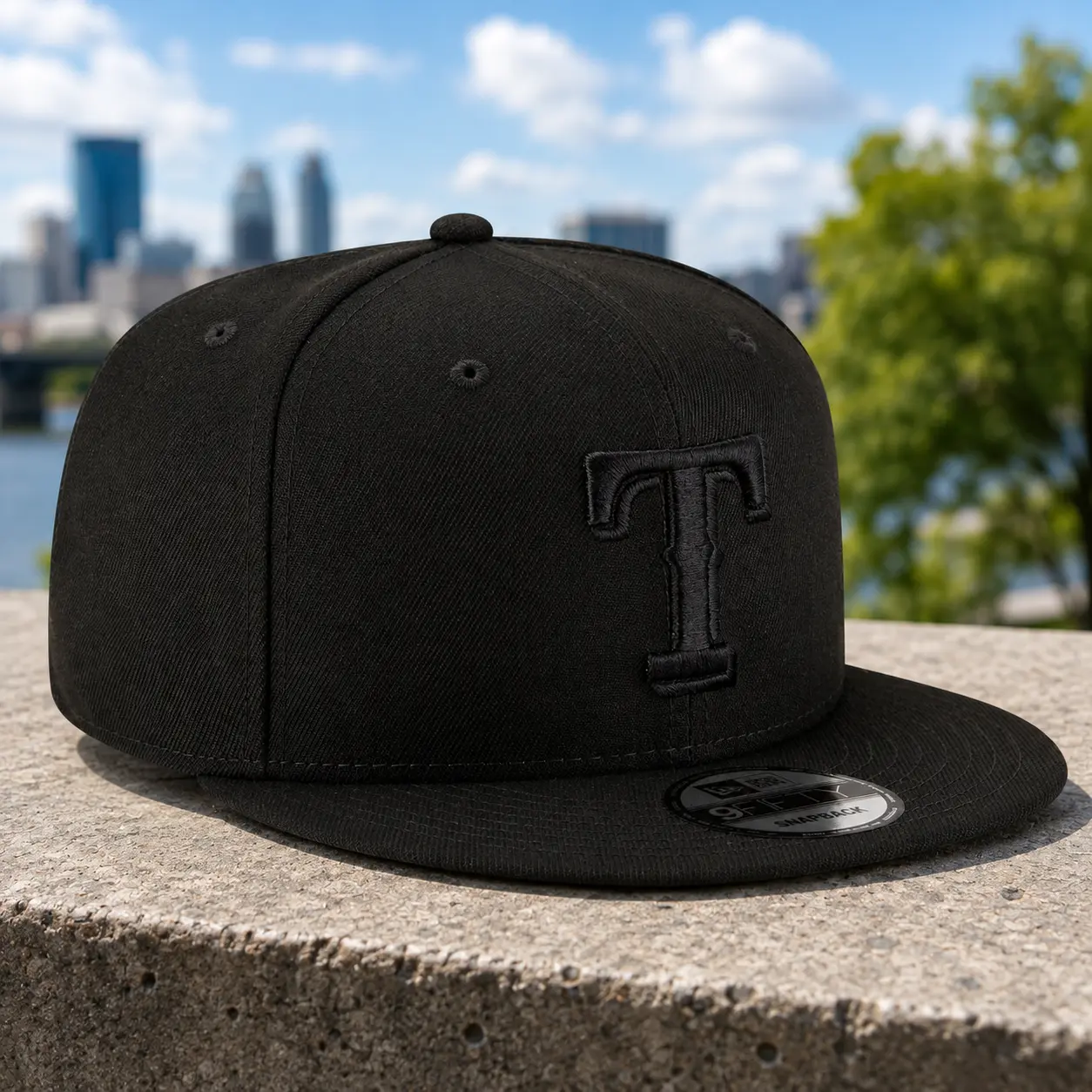 Texas Rangers Black on Black 9FIFTY Snapback Hat – All Black Adjustable Flat Brim Cap