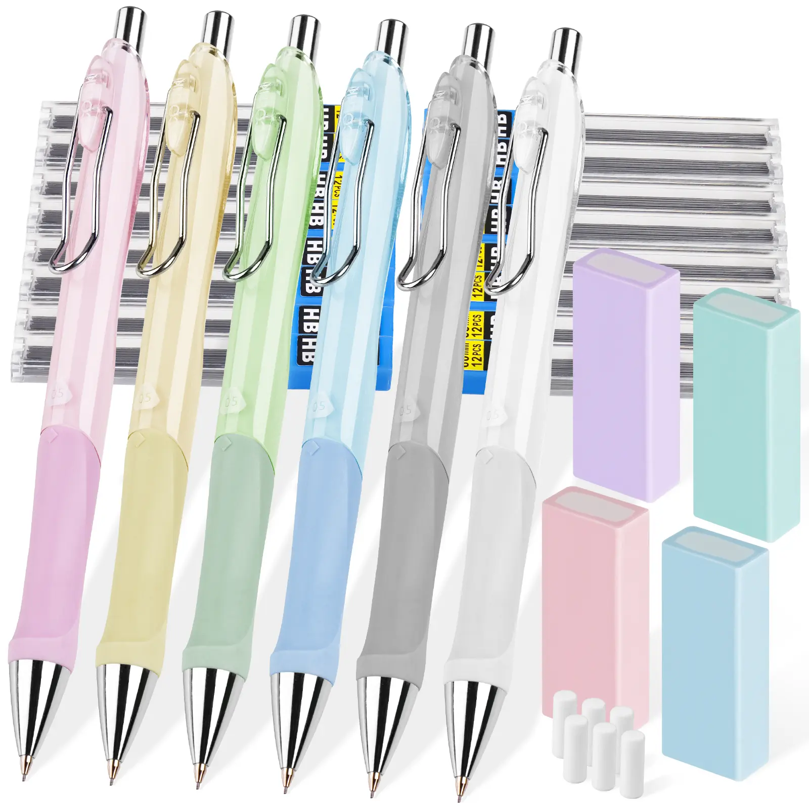 Tomorotec 6PCS 0.5mm HB Mechanical Pencil Set - Retractable Copper Nib, Adorable Colored Pieces & Erasers, 16x Tubes of 0.5mm Pencil Leads, Lead Caps, Corrects Mistakes Anytime - Stationery Office Supplies Writing Tools for Office, Gifting