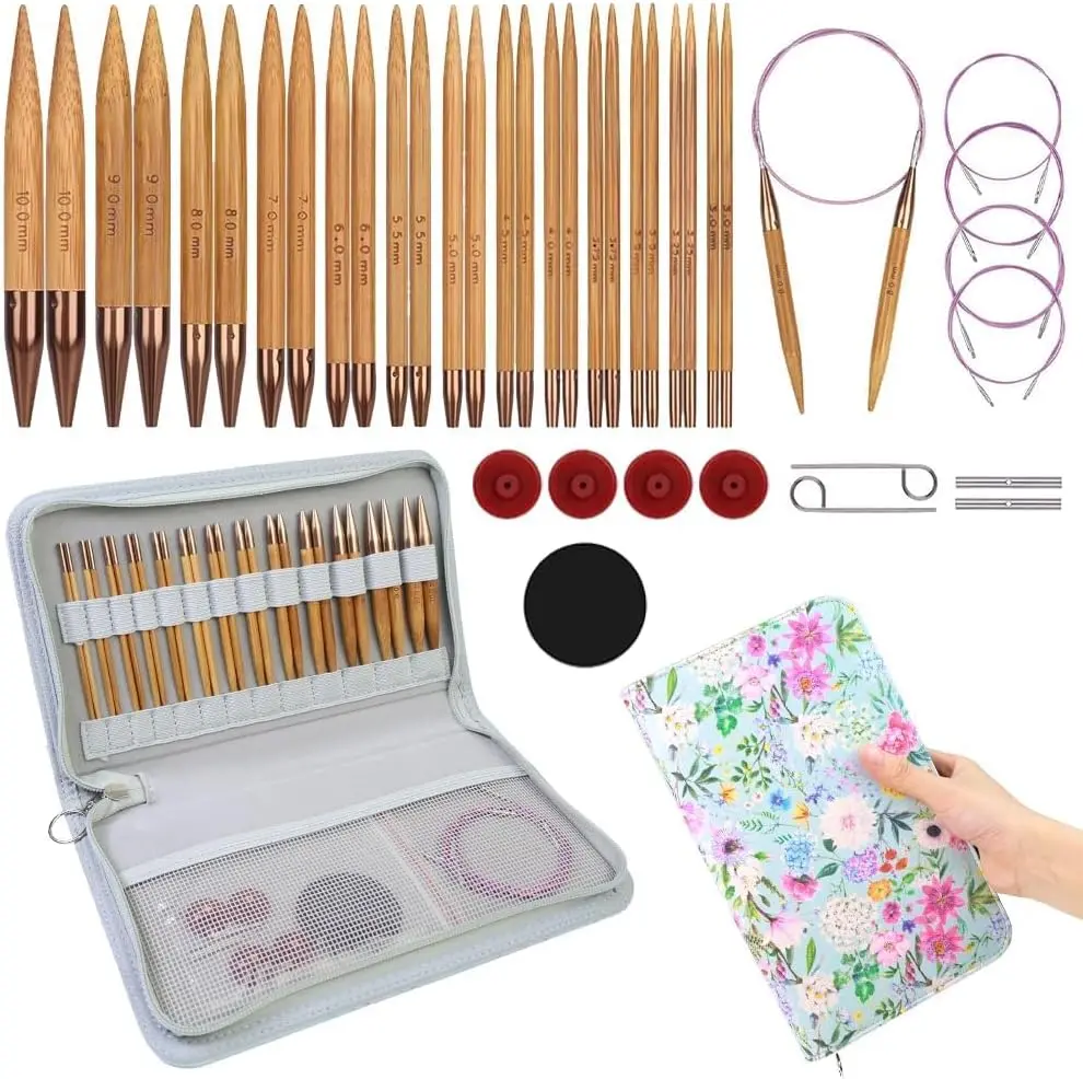 Bamboo Circular Knitting Needle with Case,13 Pair Interchangeable Knitting Needles with Flexible Cables 3.5mm~10.0mm, 4-Inch Round Knitting Needle US Size 2.5~15