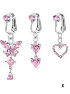 Fashionable Fake Belly Button Piercing, Dangle Butterfly & Heart Design Clip on Belly Button Rings, Non Piercing Belly Rings, Cute Jewelry, Stainless Steel Faux Navel Body Jewelry