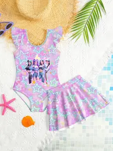 Women's K-Pop Rainbow Starry Sky Printed Swimsuit Set, Slim Fit One Piece Swimwear & Sequined Cover Up Two-Piece Bathing Suit