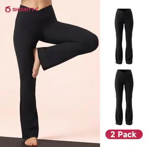 SHOWITTY Women's High Waisted 2 Pack Flare Leggings – Crossover Yoga Pants with Pockets Bootcut for Workout, Yoga & Casual Wear