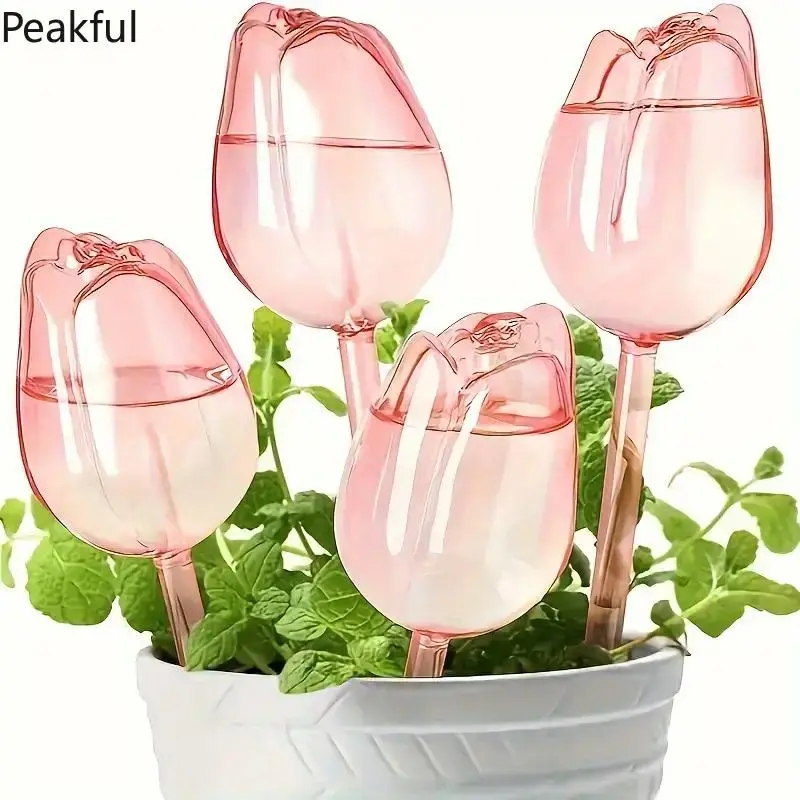 4Pcs Pink Tulip Plant Watering Balls, Trending Auto Drip Irrigation Gardening Tools, Narrow Outlet Slow Release Watering Spheres, steady long-time water discharge & cute floral look, perfect for indoor potted plants, outdoor greens, vacation plant care