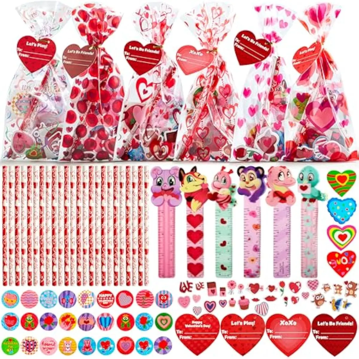 28 Pack Valentines Day Stationery Gifts for Kids Goody Bags with Party Favor Set for School Classmates Exchange, Includes Pencils, Erasers, Rulers, Stickers