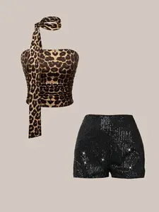 Party Dance Essential! Women's Sexy Tight Top Sequin Shorts Set, Perfect for Holiday Parties, Y2K Style, Leopard Pattern