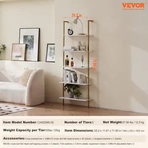 VEVOR Ladder Shelf, 5-Tier Bookshelf 24x11.8in, Open Wall-Mounted Ladder Shelf with Metal Frame, Storage Rack Sundries Holder for Kitchen Bedroom Bathroom Living Room, Gold White