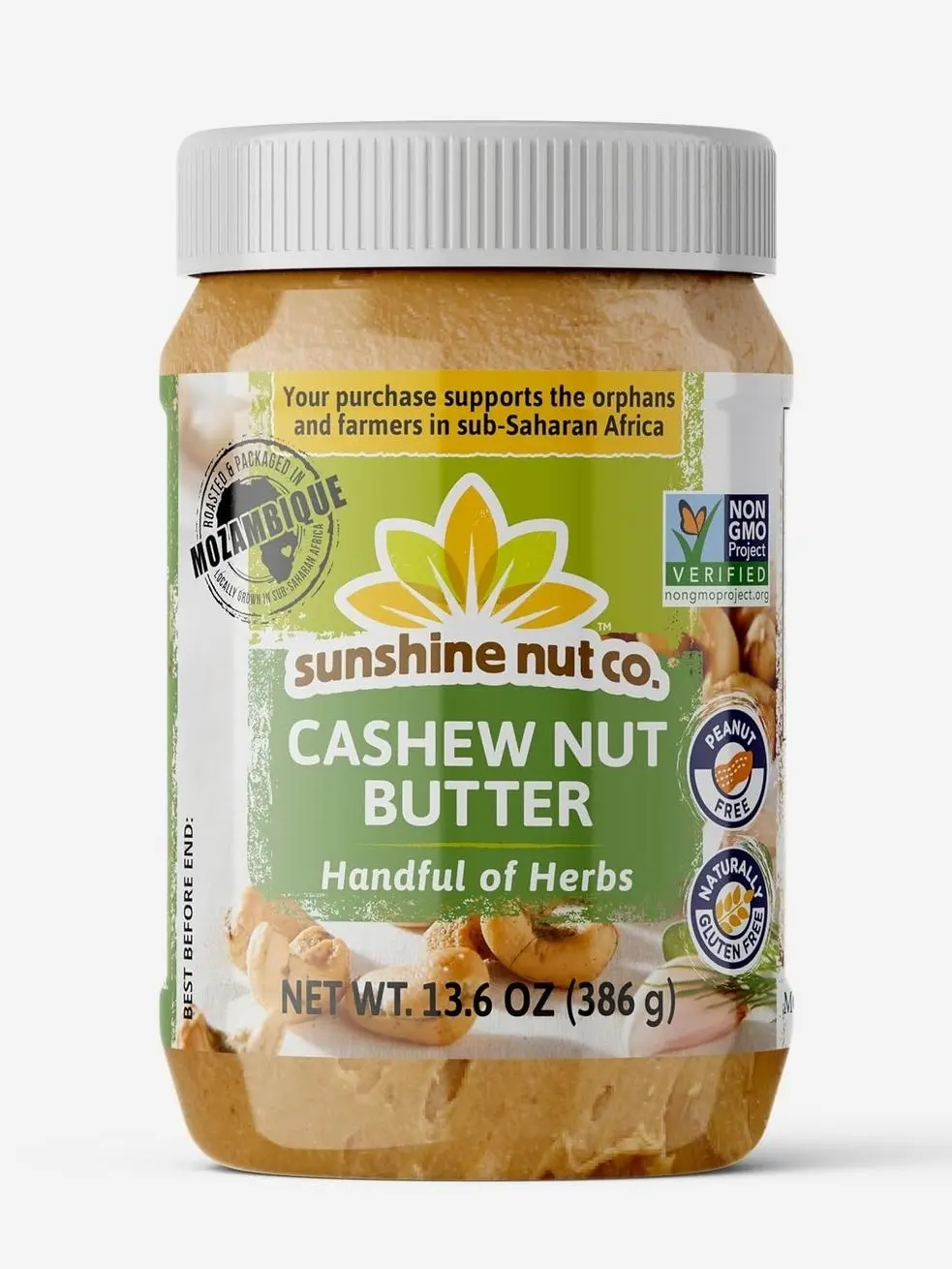 Sunshine Nut Company Gourmet Natural Cashew Butter, Handful of Herbs, 1 Pack, Vegan Spread with Hand-Roasted Mozambique Cashews, No Added Sugar, 13.6 oz Jar