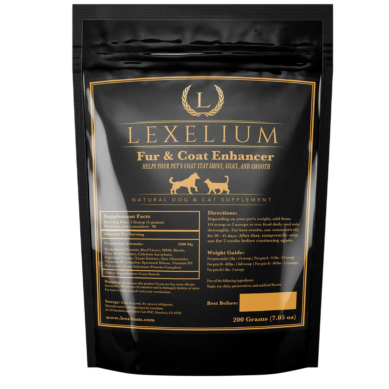Lexelium Fur & Coat Enhancer Pet Supplement Powder, with Biotin, MSM, Omega 3, Flax Seed, Zinc, Vitamin B Complex for Dogs & Cats