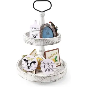 2 Tiered Tray Stand, Farmhouse Tiered Tray Stand with Metal Handle  Home Kitchen Decor, Wooden Rustic Two Tiered Serving Tray Coffee Table Tray  Holiday, Tray ONLY(Distressed White)