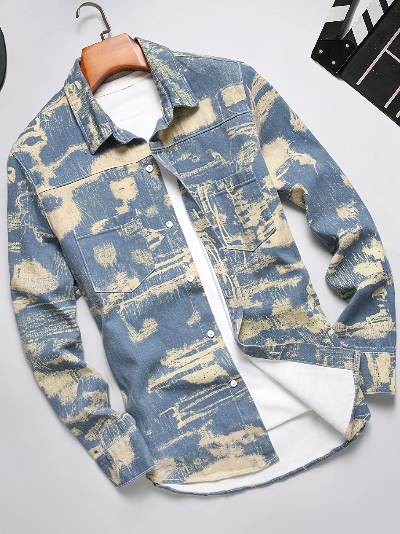 Men's Camouflage Denim Shirt - Casual Long Sleeve Collared Button-Up Top for Streetwear, Menswear
