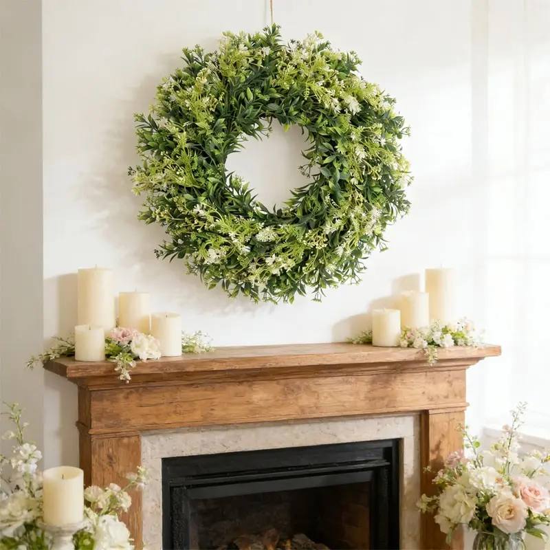 Spring and summer eucalyptus leaf and flower wreaths for door decoration Ornaments, clover and angelica for indoor Christmas party setup, green plants for the front door of the house, with durable artificial wreath hangers, decorative flower wreath