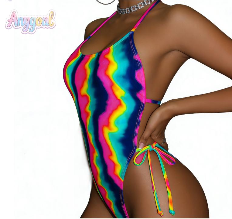 ANYGOAL Women Sexy Lace Up One Piece Swimsuit   Bathing Suits Tum Women Tie Dye Neon Halter Backless One Piece Swimsuit For Summer Beach Vacation, Stretch Swimwear With Eye Catching Color Pattern,