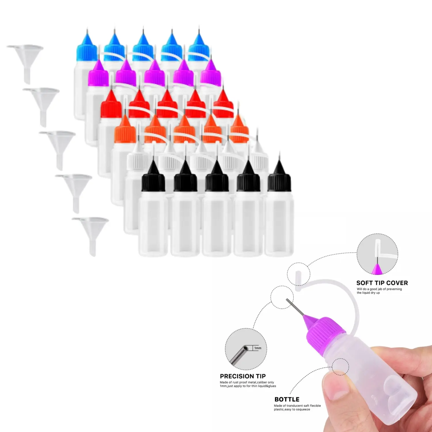30-Piece 10 ml Portable Plastic Precision Tip Applicator Squeeze Bottles with 5 Mini Funnels, 6-Color Needles, Rubber Stopper - Translucent Polyethylene Glue Dispensers for Handicrafts, Paint Quilling
