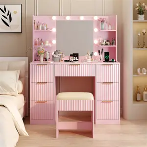 43.3"  Fluted Vanity Desk with Mirror and Adjustable LED Lights, Large 7 Drawers Makeup Table with Glass Top and Charging Station for Women and Girls, Bedroom or Dorm,Pink