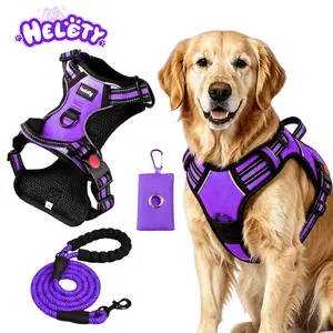HELETY Purple 3-in-1 No-Pull Dog Vest Harness & Leash Set, Adjustable S-XL Sizes, Dual Front & Back D-Ring Clips, 360° 3M Reflective, Padded Chest, Oxford Fabric, Night Safety, Built-In Poop Bag Holder, Tangle-Free Cooling Step-Design Strap running