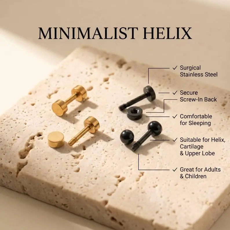 Screw Back Helix Earrings, Gold + Black Bundle