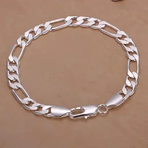 Fine 925 Sterling silver bracelets 6-8mm Women Men chain wedding fashion top quality Silver Jewelry Figaro  20cm