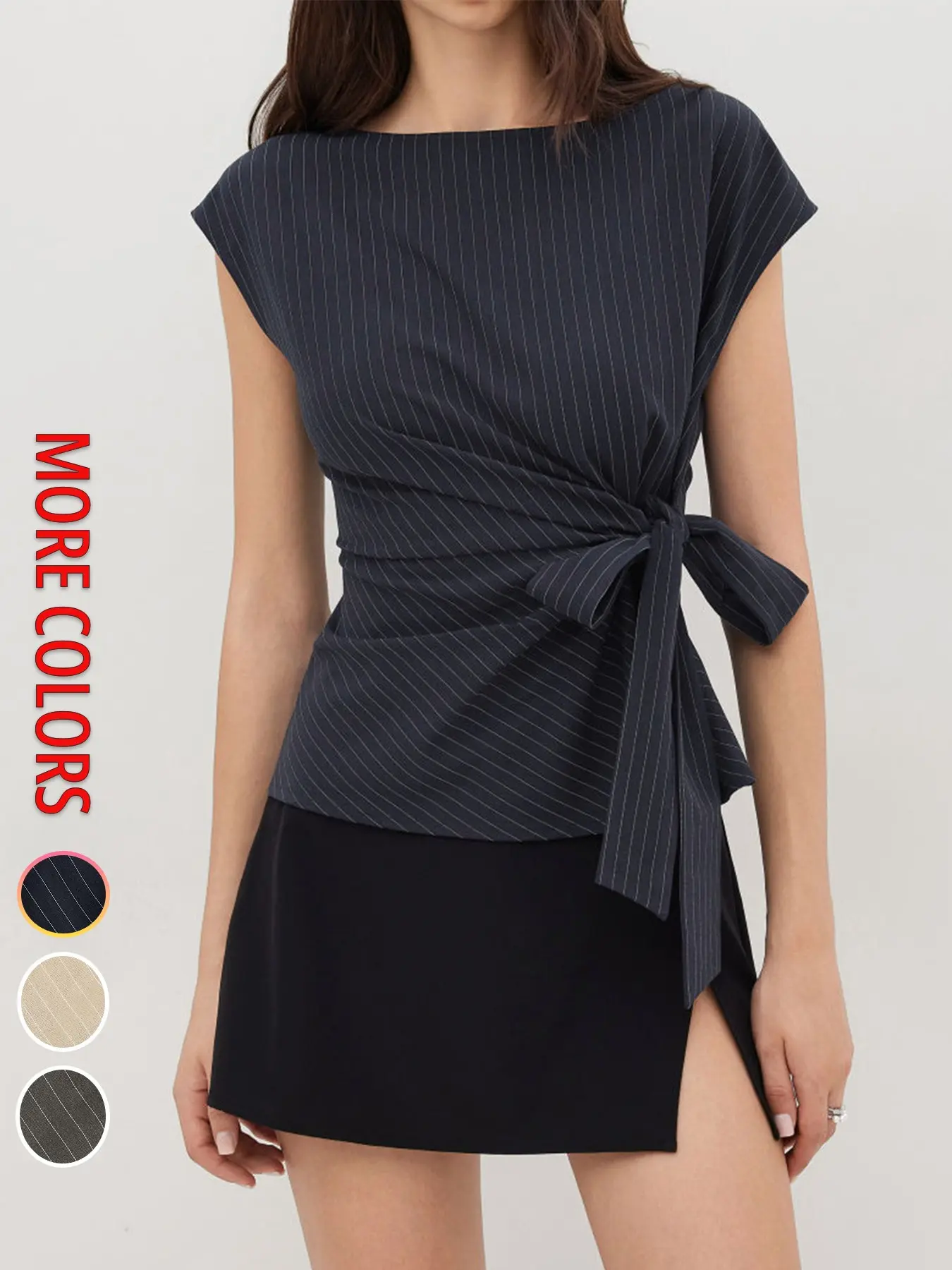Women's French Classic Striped Tie Waist Sleeveless Top, Side Bow Tie Waist Slimming, Elegant Chic One-Shoulder Neckline, Office, Business, Casual Classy Elegant Fitted Womenswear, Business Work Blouses