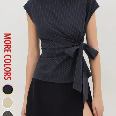 Women's French Classic Striped Tie Waist Sleeveless Top, Side Bow Tie Waist Slimming, Elegant One-Shoulder Neckline, Office, Business, Casual