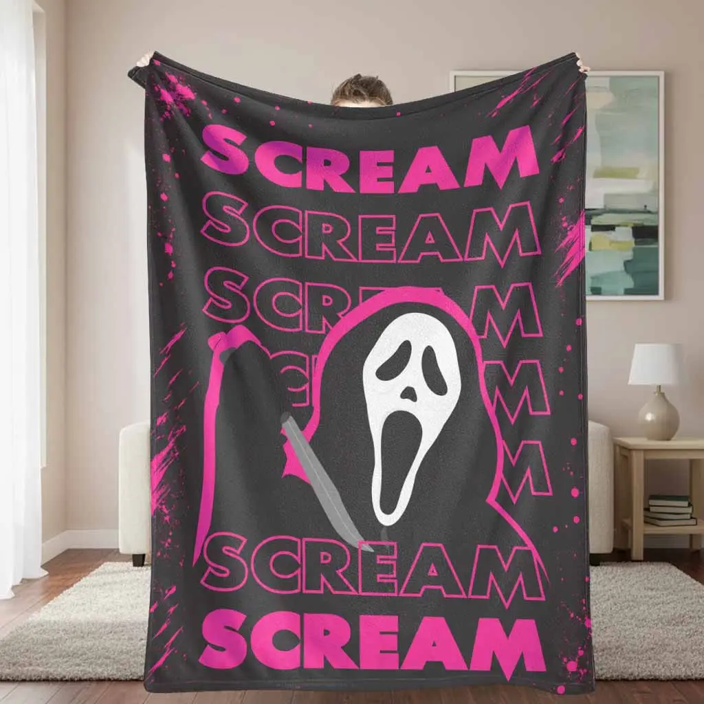 Ghost Horror Theme Flannel Blanket, Flannel Fabric, Pink Silhouette Graphic Print, Ultra Soft Lightweight Breathable Fuzzy Throw, Multi-Size, Indoor/Outdoor Use for Bed or Couch, Movie Night Gift Idea, Horror Movies, Living Room