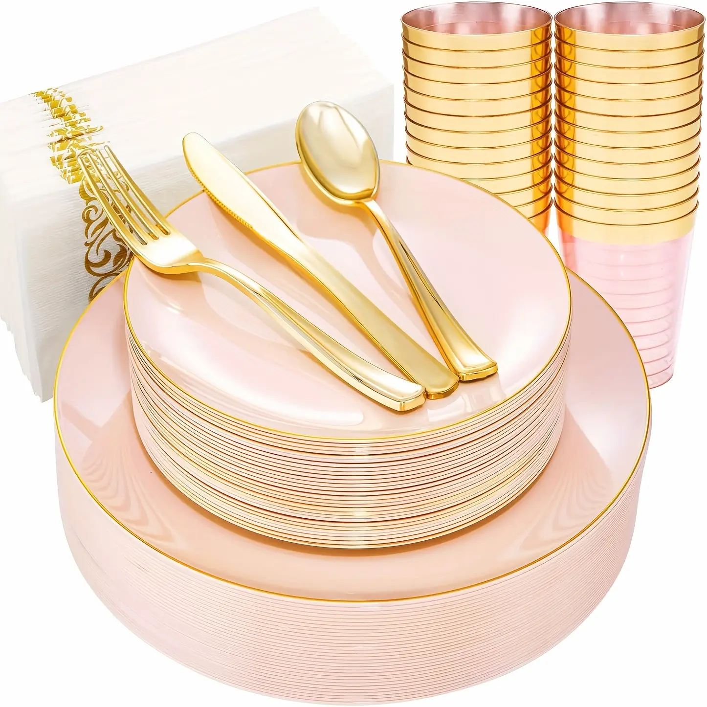 210pcs Plastic Pink Plates With Golden Plastic Silverware Set Include 30Pink Dinner & 30 Dessert Plates, 90Gold Cutlery, 30Gold Cups, 30Napkins, Pink Dinnerware For Party
