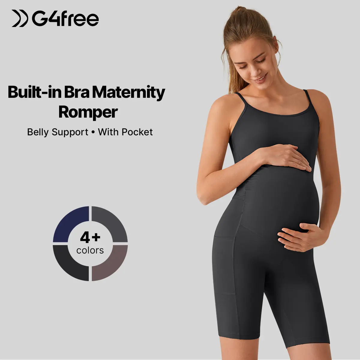 G4Free BareFeel Built in Bra Maternity Romper Cut Out Back Pregnancy Jumpsuit with Pockets Workout Casual